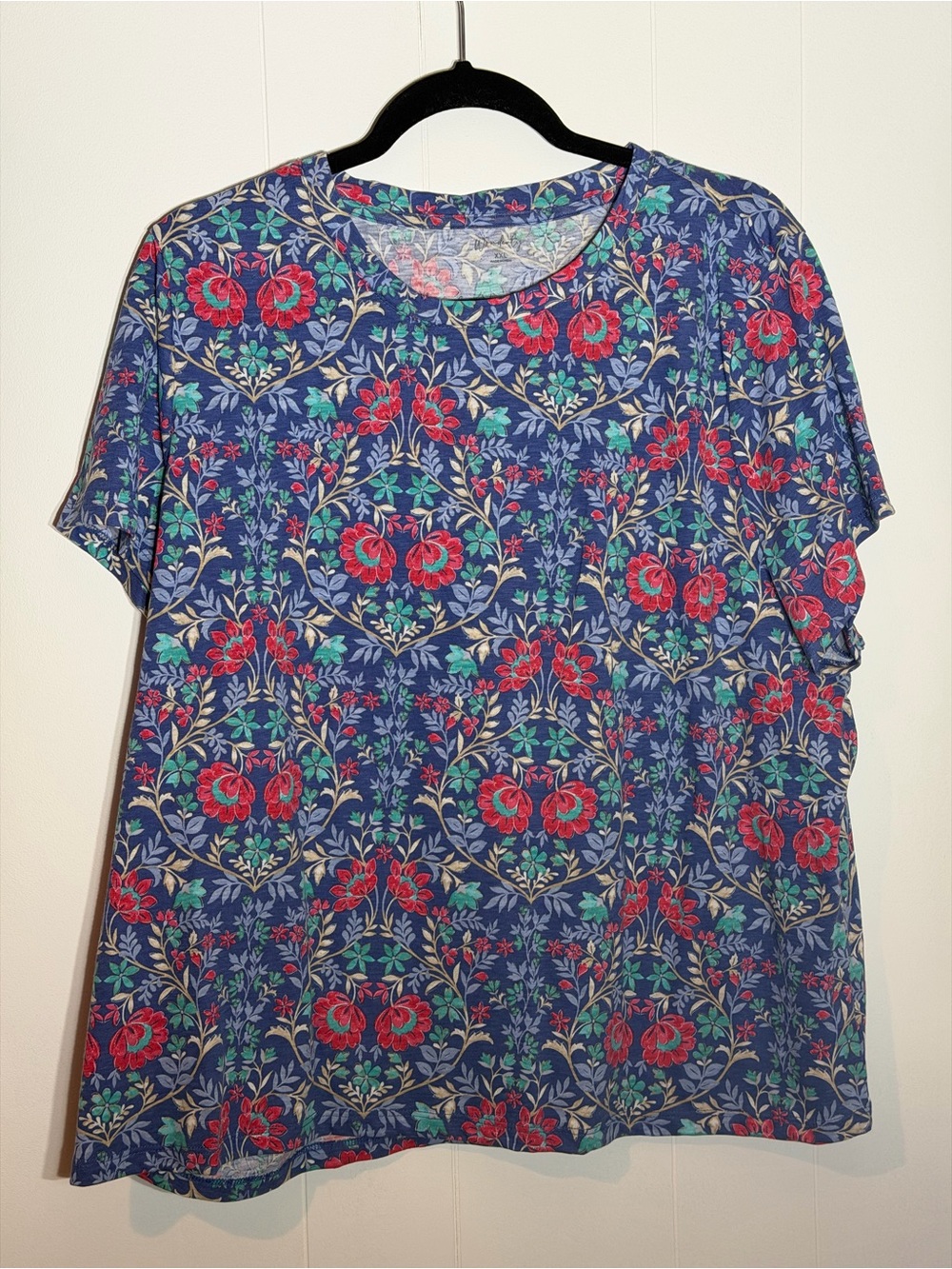 Wonderly Blue Floral Short Sleeve Tee with Red and Green Print